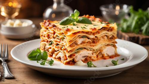 Savory layers of delicious chicken lasagna served elegantly on a pristine white plate, set against the warm backdrop of a wooden table