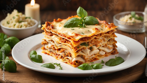 Savory layers of delicious chicken lasagna served elegantly on a pristine white plate  set against the warm backdrop of a wooden table