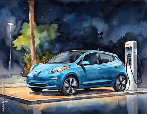 watercolor drawing Electric car charging in station  night time