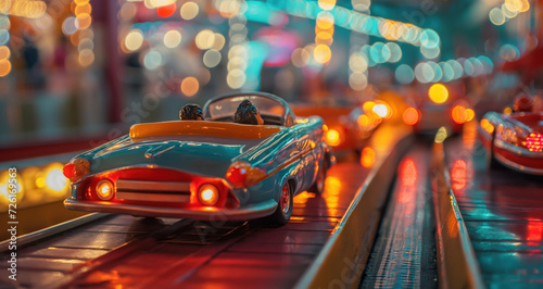 Retro Dodgem Cars Glowing at Evening Fairground photo