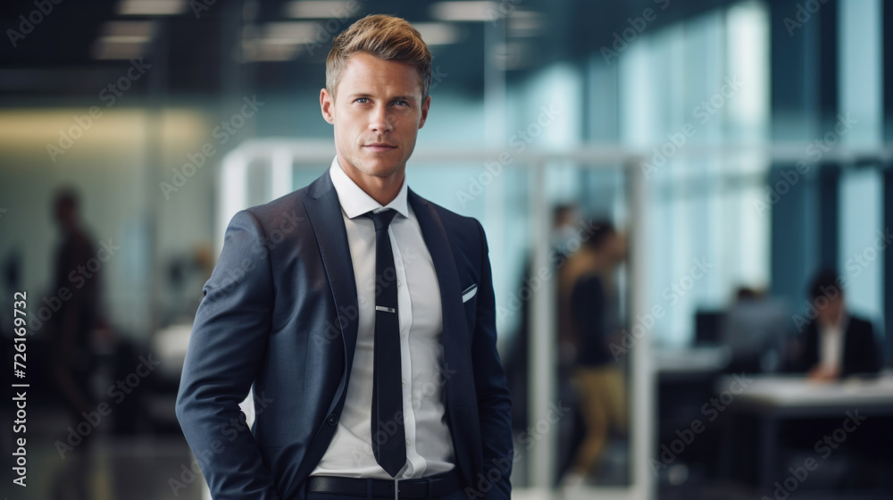 Business man smiling at office abstract backgound. Generative ai. Business man smiling at office abstract backgound. Generative ai.
