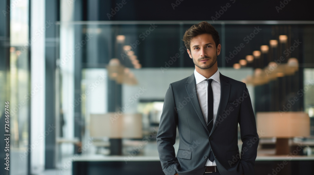 Naklejka premium Business man smiling at office abstract backgound. Generative ai.