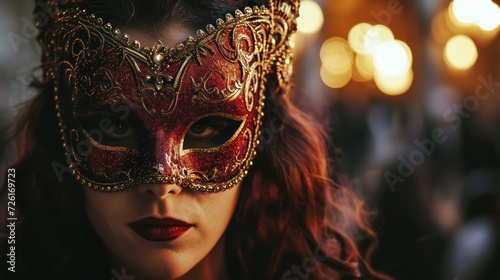 Close up portrait of a beautiful young woman with Venetian mask.