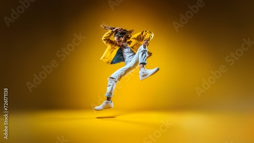 Hip-Hop Elegance, a stunning silhouette captures the grace of a hip-hop dancer mid-jump, symbolizing the beauty of street dance white yellow gold theme. Generative AI.