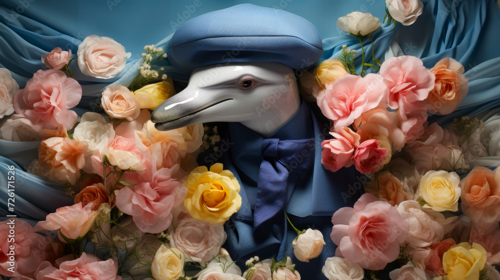VImagine a debonair dolphin in a tailored sailor's uniform, accessorized with a navy blue beret and a gold anchor pendant. Amidst a backdrop of ocean waves, it exudes nautical charm and seafaring eleg