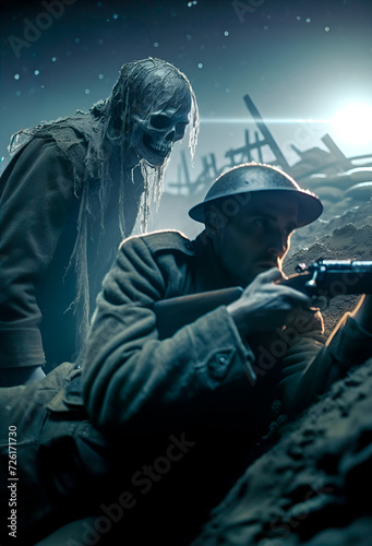 Spectral First World War soldier comforts his friend who is in a trench and holding a rifle