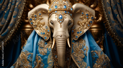Envision a regal elephant in a silk kimono, adorned with intricate patterns and golden embroidery. Against a backdrop of ancient temples, it exudes exotic elegance and cultural richness. The atmospher