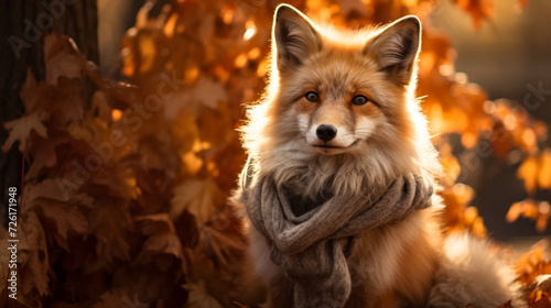 Picture a fashionable fox in a faux fur stole, accessorized with pearl earrings and a velvet choker. Against a backdrop of autumn leaves, it exudes woodland elegance and timeless style. Mood: refined 