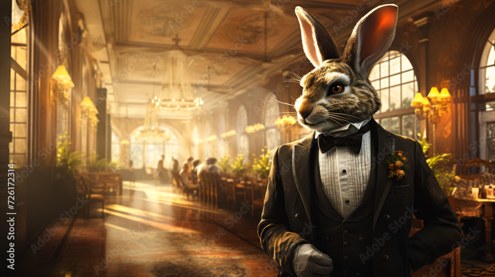 Imagine a dapper rabbit in a velvet smoking jacket, complete with a silk ascot and a top hat. Amidst a backdrop of Victorian architecture, it exudes old-world charm and refined taste. Mood: classic an