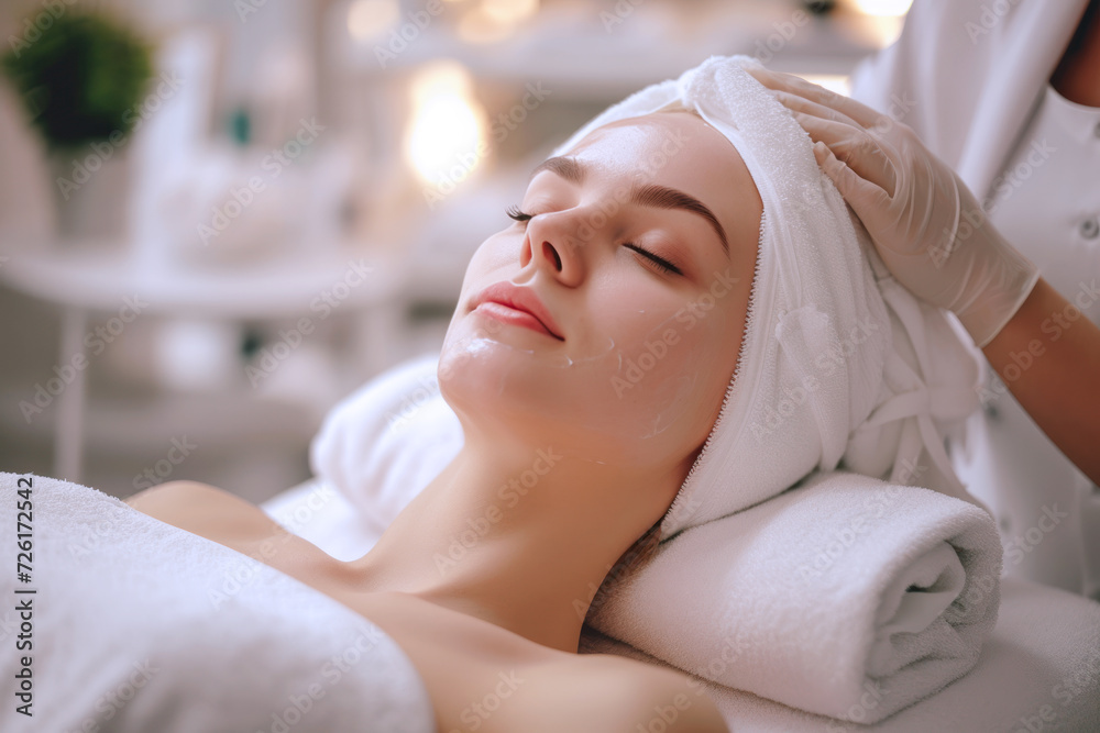 Beautician doing facial skin care for Blonde girl in beauty salon Beautician doing facial skin care for Blonde girl in beauty salon