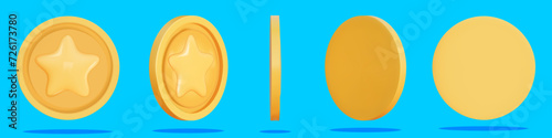 Gold Coin set 3d render. Game Money on color background. Coin with star for game reward and prize. Vector 3d illustration.
