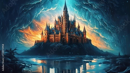 Dark Knight fantasy era castle. Oil paintings. Created with Generative AI. photo