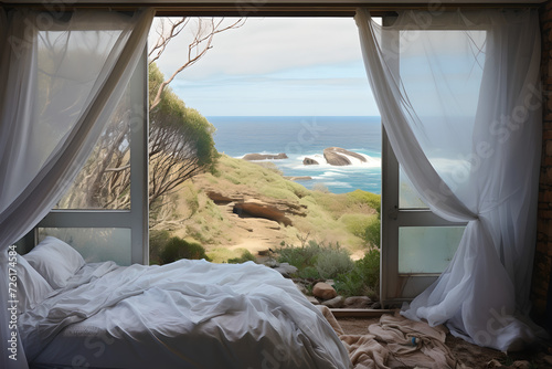  bedroom with messy white bedding and white curtains hung    a open glass doors  overlooking  a view of rocks sky  plants and  beautiful beach and ocean  big window  summer  travel  vacation  holiday