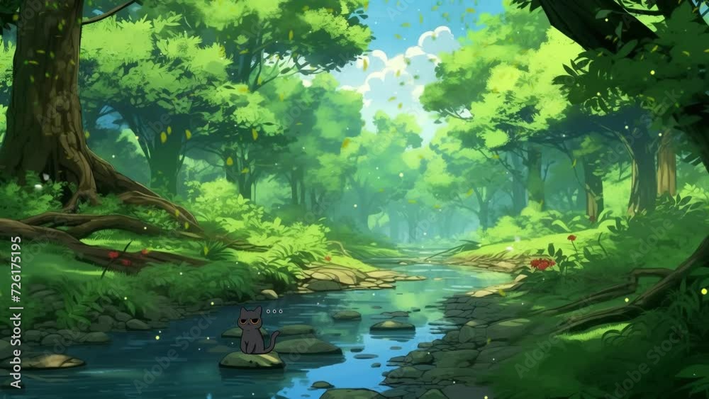 Beautiful jungle forest with trees and river. cartoon anime illustration style. river in the forest. seamless looping overlay 4k virtual video animation background 