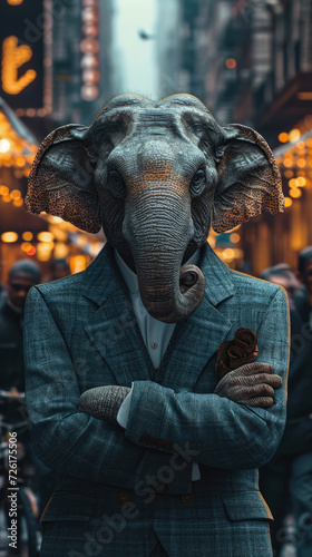 Elegant elephant gracefully walks through urban streets, adorned in tailored sophistication, epitomizing street style. The realistic city backdrop captures the majestic presence blended with contempor