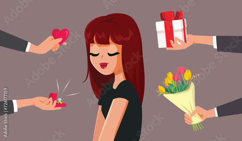 Woman receiving Attention and Gifts from Man Vector Cartoon illustration. Attractive girl choosing from suitors having many adoring fans 

