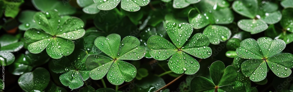 Green clover leaves with water drops. St. Patrick's Day background Banner Green clover leaves with water drops. St. Patrick's Day background Banner