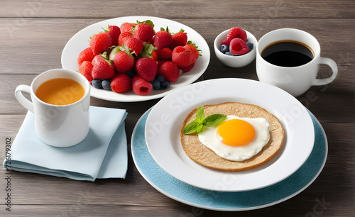 Breakfast with fried eggs, coffee, strawberry, bread. Generative AI