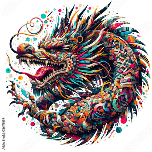 Vibrant dragon art, surrounded by abstract element. Year of dragon