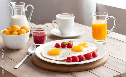 Breakfast with fried eggs, coffee, strawberry, bread. Generative AI