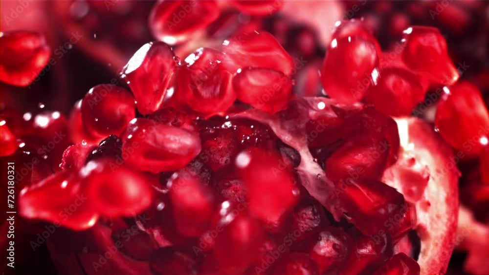 Pomegranate seeds fall on a piece. Filmed on a high-speed camera at 1000 fps. High quality FullHD footage Pomegranate seeds fall on a piece. Filmed on a high-speed camera at 1000 fps. High quality FullHD footage