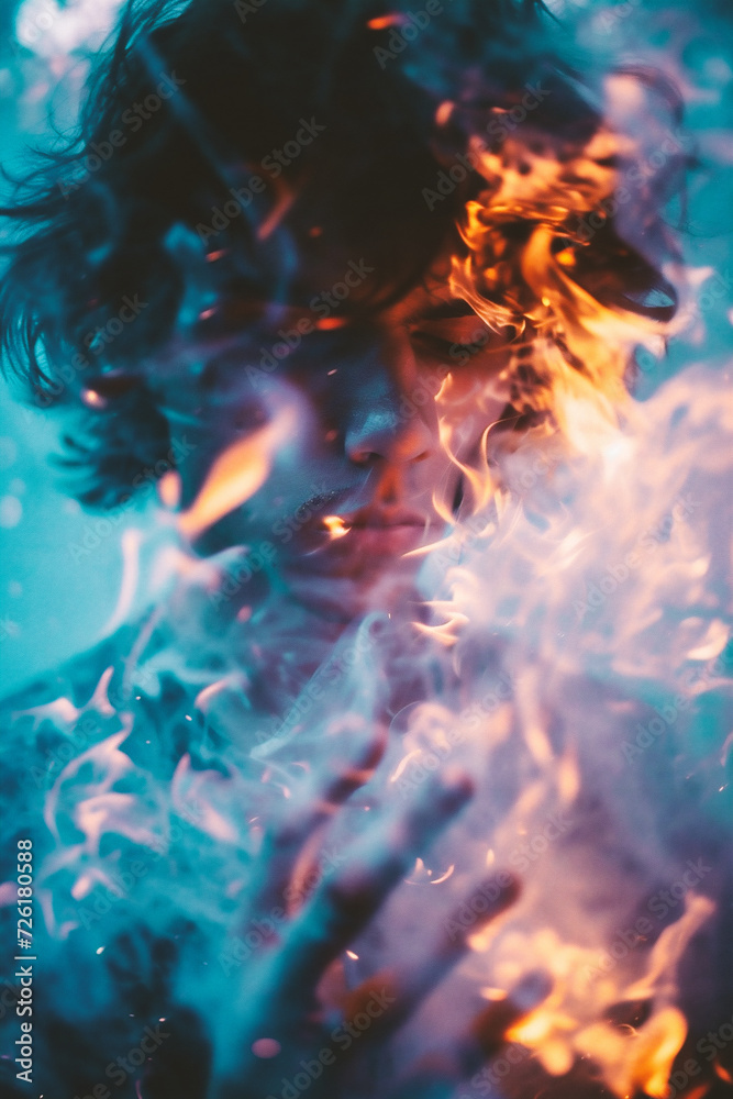Fototapeta premium Portrait of a young man holding a fire in his hands.