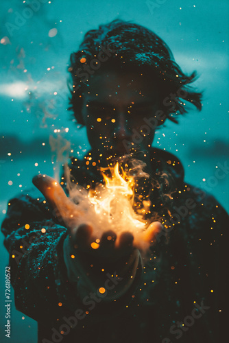 Portrait of a young man holding a fire in his hands.