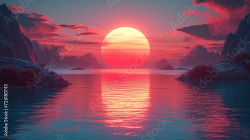 Fantasy landscape with a red sun above the sea. 3d render - Generative AI