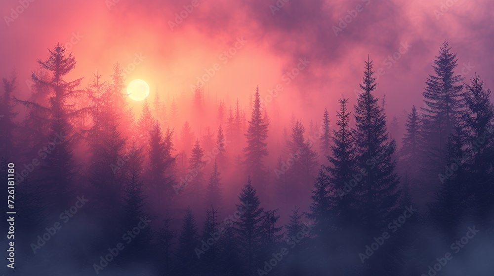 Foggy forest at sunrise. illustration for your design. - Generative AI