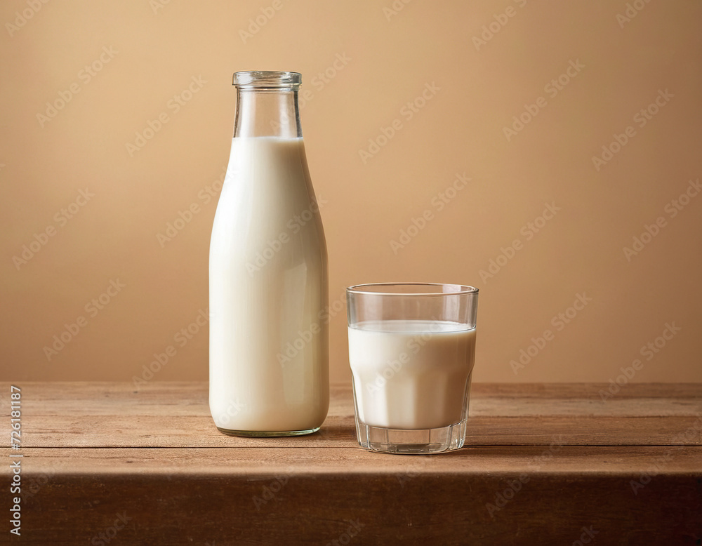 Bottle and glass of milk on wooden table on beige background Bottle and glass of milk on wooden table on beige background