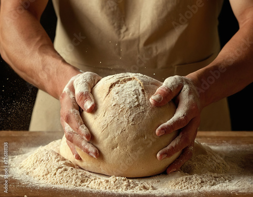 male hands with splashes of flour, preparing bread, kneading dough