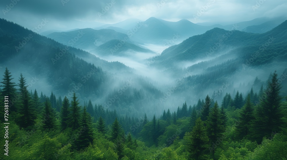 Foggy morning in the mountains. Mountain landscape with coniferous forest and fog. - Generative AI