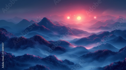 Fantasy mountain landscape with sun and fog. 3d illustration. - Generative AI