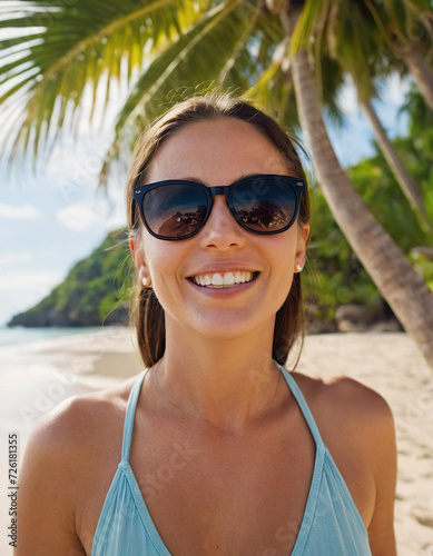 Happy traveller woman in tropical beach vacation