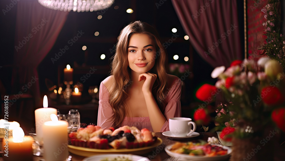 Sexy and beautiful young woman smiling and looking at camera, sitting at table in a romantic restaurant.  Streamer, youtuber or influencer recording Mukbang or ASMR content at night. Generative AI.