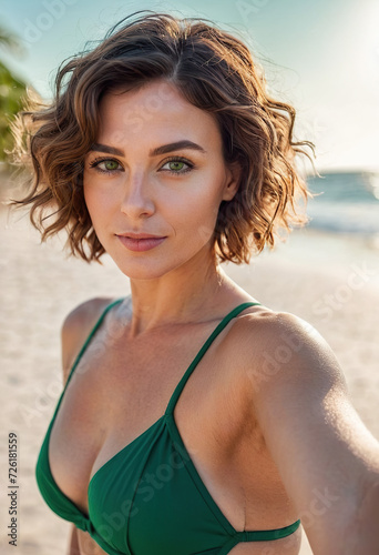 portrait of a girl with green eyes and short hair on the beach. relax. takes a selfie