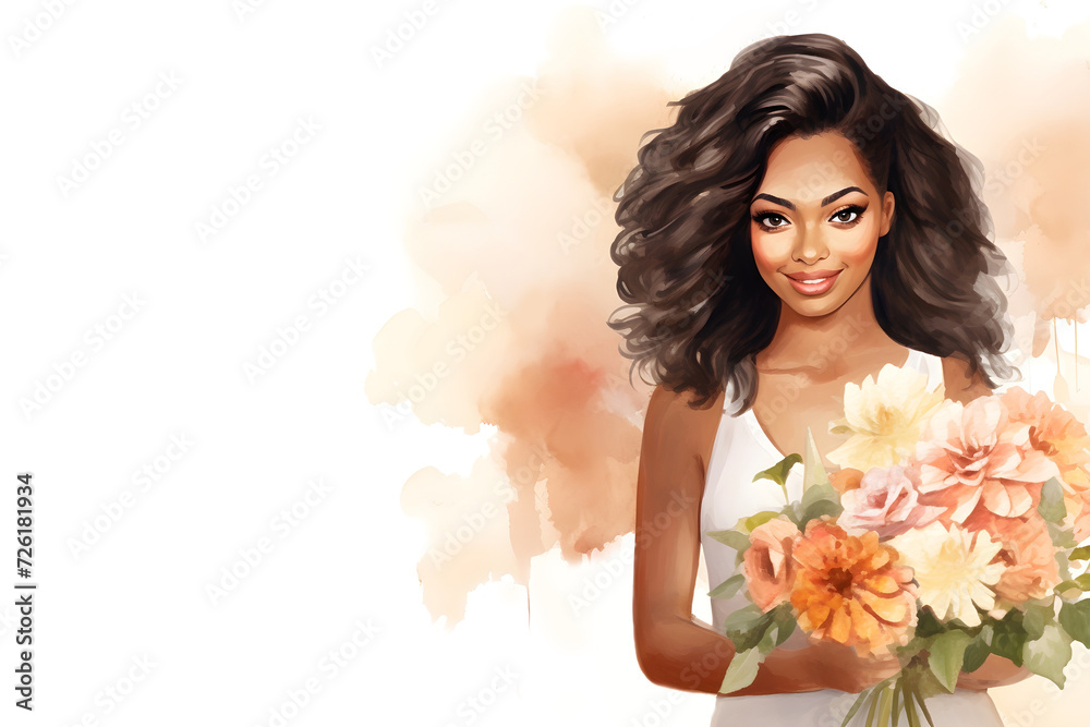 Watercolor attractive black woman holding flower bouquet on white background with copy space for decoration Watercolor attractive black woman holding flower bouquet on white background with copy space for decoration