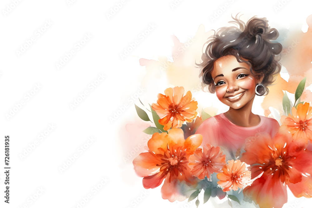 Naklejka premium Watercolor cute funny black girl with flower on white blank background cartoon character painting 