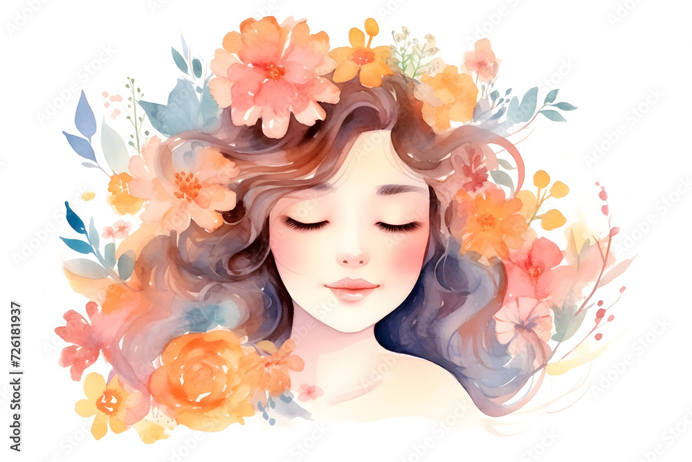 Watercolor cute young girl face with flowers in her hair portrait painting background illustration