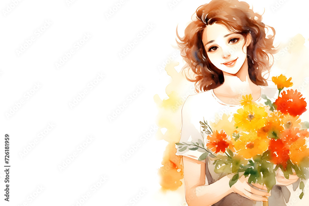 Naklejka premium Watercolor young beautiful woman holding flower bouquet on white background and copy space painting