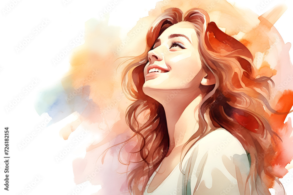 Fototapeta premium Watercolor smiling confident girl in brown hair looking up portrait background with copy space illustration