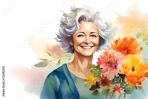 Watercolor beautiful smiling old woman with flowers portrait on white background with blank space