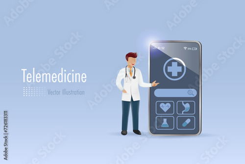 Online doctor, tele medicine, medical health care service. Doctor with medical mobile app on smartphone. Vector illustration.	
