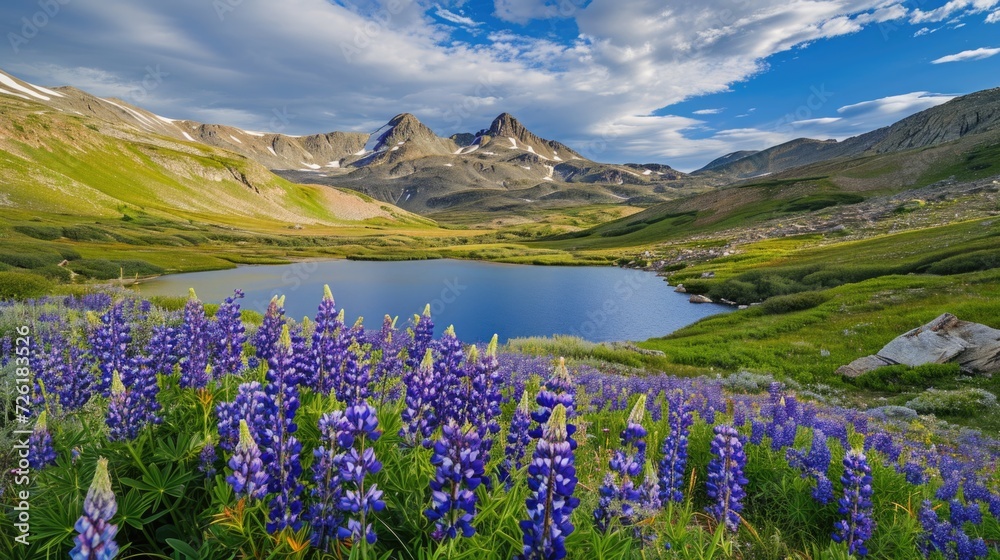 Fototapeta premium A blooming alpine meadow filled with lupines and a stunning mountain backdrop