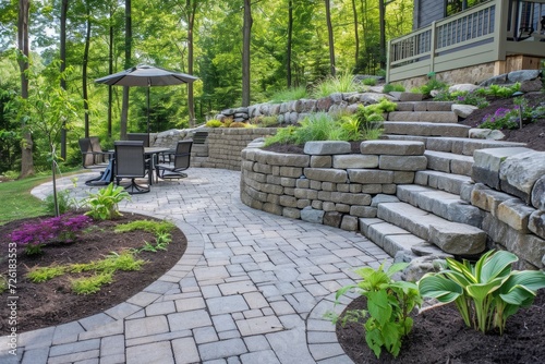 Landscaped patio with retaining wall and pavers