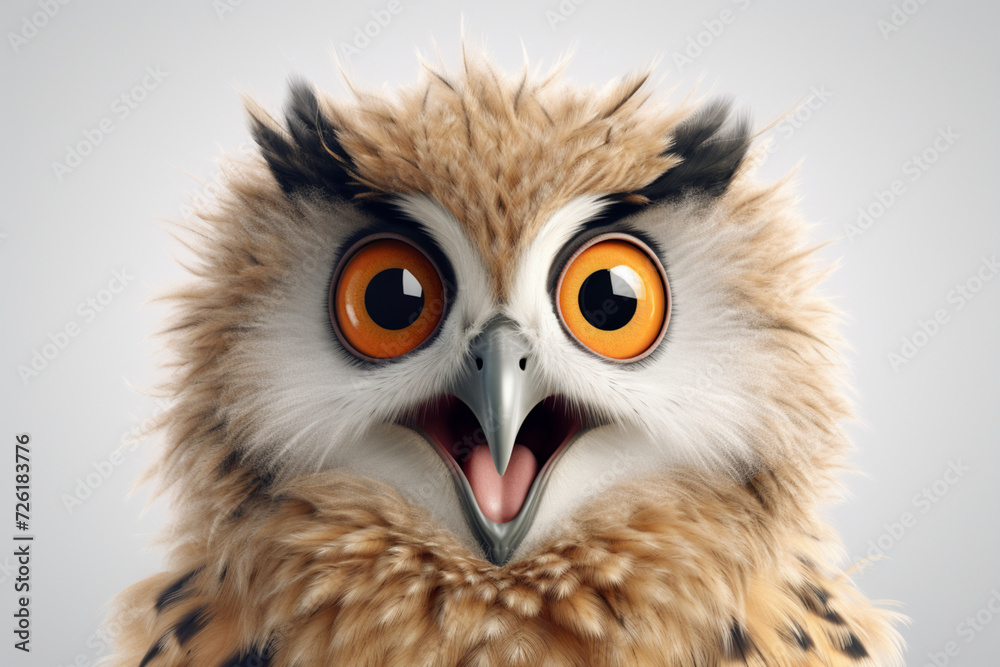 Eurasian Eagle-Owl on a white background. Adorable 3D cartoon animal portrait