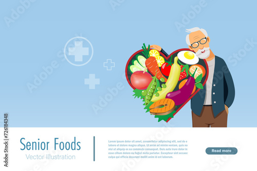 Healthy foods recommend for elderly. Senior man with low calories foods and vegetables in heart shape. Healthy aging, active elderly. Vector.