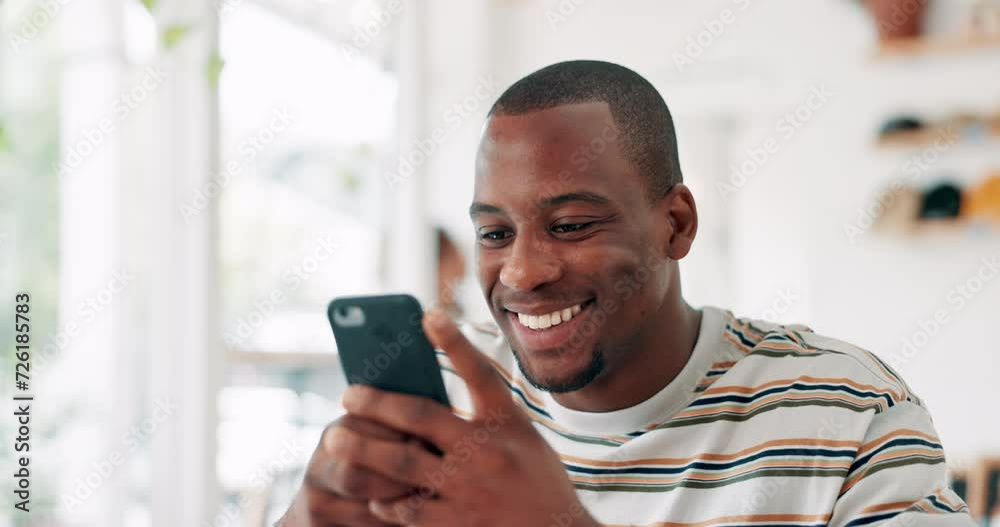 Cafe, phone and happy black man reading on social media, network or funny meme online. Smartphone, smile and African person in restaurant, scroll on mobile app and communication on digital technology