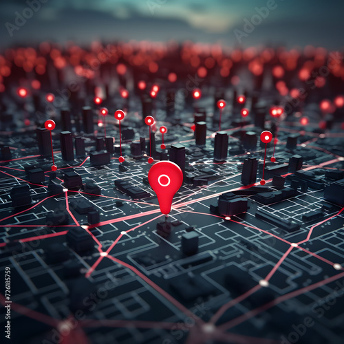 A red map pin on city map , showing the destination on the map and represents the concept of connection , cityscape , network connection 
