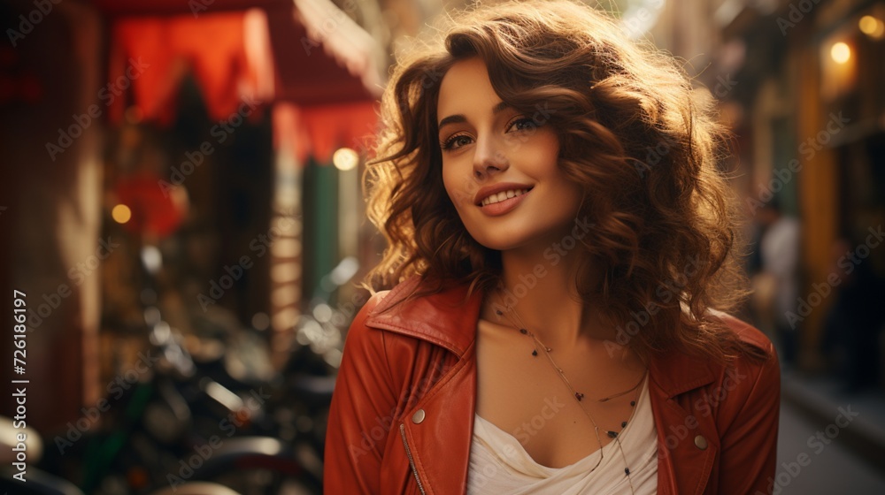 A fashionable cute woman with a retro camera, capturing candid moments in a lively urban setting.